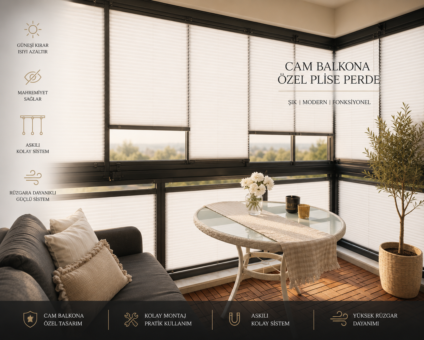 Cam Balkon İçin Güneş Kırıcı Plise Perde